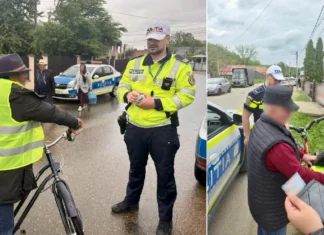 (FOTO) Polițiștii din Bacău au împărțit veste reflectorizante bicicliștilor