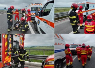 (VIDEO) Accident grav, cu victime multiple, între un microbuz și o autocisternă plină cu benzină, simulat pe A7, în județul Bacău. ISU Bacău a pus în aplicare Planul Roșu în exercițiul tactic