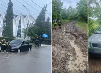 (VIDEO) Inundații după ploile abundente la Onești și Gutinaș. Un autoturism a rămas blocat pe drum