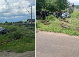 NEWS ALERT: (FOTO) Accident feroviar în Dofteana: un BMW a fost lovit de tren după ce șoferul nu a oprit la calea ferată