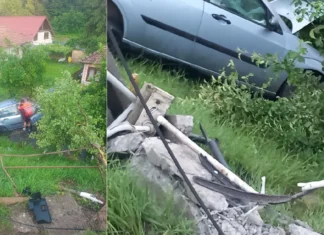 (FOTO) Accident la Slănic-Moldova. Două șoferițe implicate, o mașină a fost proiectată în afara carosabilului după impact