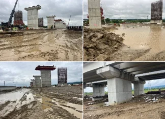 ULTIMA ORĂ: (FOTO) Ploile torențiale au inundat șantierele Autostrăzii A7 Focșani – Bacău. Utilajele UMB nu mai pot lucra la Cleja