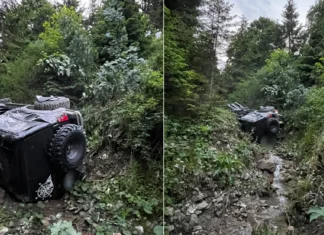 ULTIMA ORĂ: (FOTO) Au apărut primele imagini de la accidentul grav din Agăș! Mașină răsturnată într-o prăpastie de 12 metri, două victime