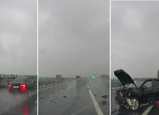 (VIDEO) Accident surprins în direct pe A3. Momentul în care un șofer pierde controlul mașinii după ce intră în acvaplanare, pe o ploaie torenţială