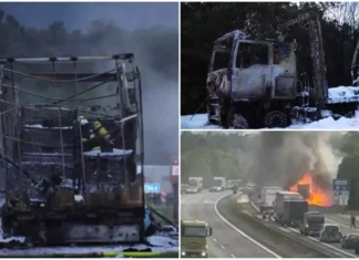 (VIDEO) Momente de groază pentru un român în Germania. TIR-ul pe care îl conducea a luat foc și a explodat pe autostradă