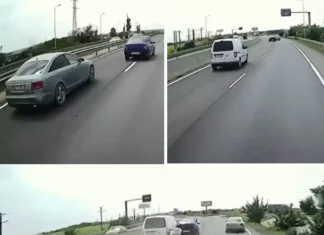 (VIDEO) A vrut să pună „frână de șmecher”, dar a fost prins de poliție! Un șofer de Audi A6 a șicanat un Logan, a provocat un accident și a fugit. Imagini incredibile pe DN1