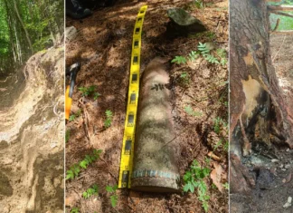 (FOTO) Muniție neexplodată din Primul Război Mondial, descoperită în comuna Oituz. Un proiectil uriaș a fost detonat controlat