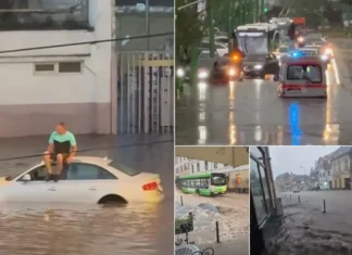 (VIDEO) Brașovul, sub ape după furtuna de joi seară. Imaginile haosului: o ambulanță a rămas blocată, iar un tânăr s-a refugiat pe mașină
