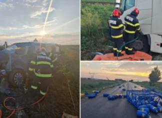 (VIDEO) Noi detalii despre accidentul grav de la Săbăoani, pe DN2-E85: mașină cu 5 pasageri, condusă de o femeie din județul Bacău, spulberată de un TIR cu 700 de butelii