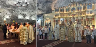 (FOTO) Slujbă de hram la 240 de metri sub pământ, în Salina Târgu Ocna. Minerii, cinstiți prin rugăciune