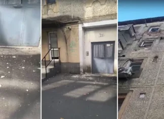 (VIDEO) Un bloc din Onești a devenit o capcană pentru trecători. Tencuiala cade chiar la intrarea în scară