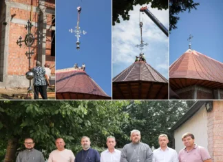 (VIDEO) Moment important pentru noua biserică „Sfinții Împărați” din Onești. Au fost montate crucile pe lăcașul de cult