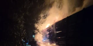 (FOTO) Autocamion încărcat cu lemne, cuprins de flăcări într-o comună din Bacău. Pompierii au intervenit cu două autospeciale
