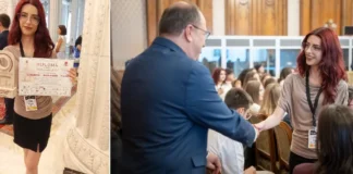 (FOTO) Alexandra Coroamă, absolventa de 10 a Colegiului „Dimitrie Cantemir” Onești, premiată la Gala Performanței Elevilor de la Palatul Parlamentului. Felicitată de ministrul oneștean al Educației, Mihai Dimian