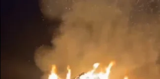 (VIDEO) Incendiu puternic în Apa Asău, azi-noapte. O anexă și furajele din apropiere au fost mistuite de flăcări. Pompierii au luptat cu flăcările pentru a salva construcțiile din apropiere
