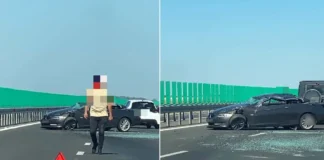 NEWS ALERT: (FOTO) Accident pe Autostrada A7, la kilometrul 106, spre Bacău. Un BMW a fost grav avariat