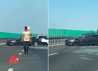 NEWS ALERT: (FOTO) Accident pe Autostrada A7, la kilometrul 106, spre Bacău. Un BMW a fost grav avariat