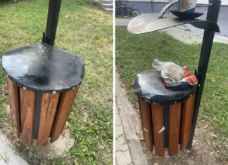 (FOTO) Incredibil, la Onești: două coșuri de gunoi, „blindate” cu tablă și șuruburi de un localnic. „Am crezut că le-am văzut pe toate!”