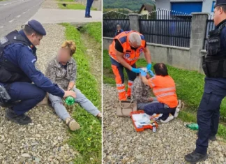 (FOTO) Femeie găsită cu o plagă la față, pe marginea drumului, la Târgu Ocna. Intervenția jandarmilor