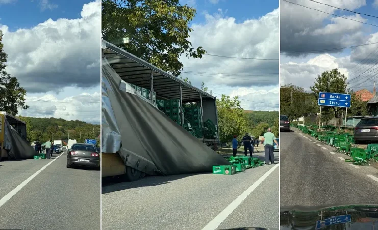 NEWS ALERT: (FOTO) Incident pe DN11 Onești – Bacău, la Livezi: zeci de navete cu bere au căzut dintr-un TIR pe șosea