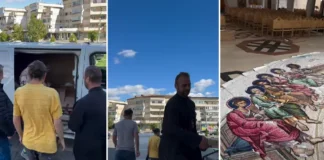 (VIDEO) Un nou transport de mozaic a ajuns la Catedrala din Onești. A fost realizat premontajul scenei „Pogorârea Sfântului Duh”. Apel pentru donații