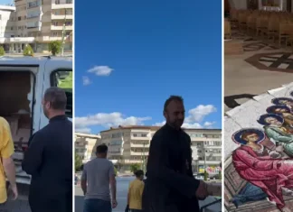 (VIDEO) Un nou transport de mozaic a ajuns la Catedrala din Onești. A fost realizat premontajul scenei „Pogorârea Sfântului Duh”. Apel pentru donații