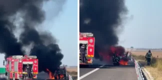 (VIDEO) Mașină în flăcări pe Autostrada Moldovei A7: Traficul a fost blocat mai mult timp