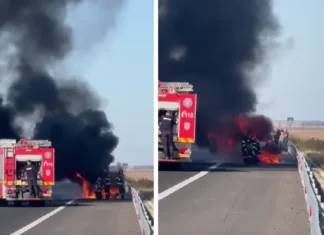 (VIDEO) Mașină în flăcări pe Autostrada Moldovei A7: Traficul a fost blocat mai mult timp
