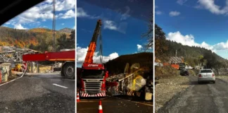 (FOTO) Imagini noi de la Ciobănuș: A început demontarea podului prăbușit de pe DN12A. O macara de mari dimensiuni a fost adusă la fața locului