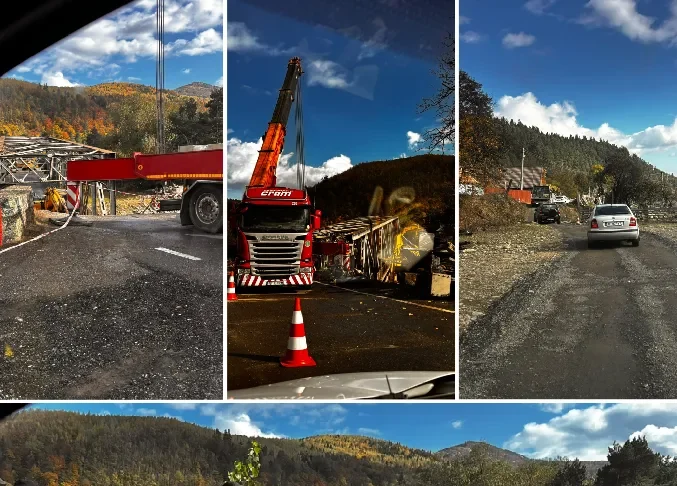 (FOTO) Imagini noi de la Ciobănuș: A început demontarea podului prăbușit de pe DN12A. O macara de mari dimensiuni a fost adusă la fața locului