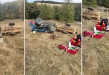 (FOTO) Tragedie lângă Onești: un bărbat a murit strivit de tractor, soția sa și alte două persoane, rănite grav. Femeia, preluată de un elicopter SMURD și transportată la un spital din Iași