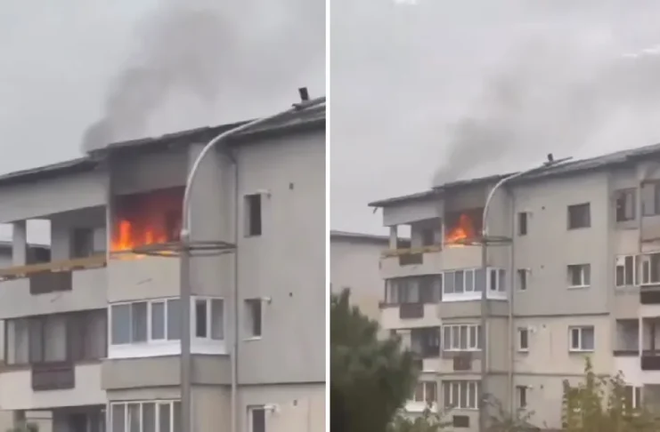 ULTIMA ORĂ: (VIDEO) Alertă în Târgu Ocna: un balcon a fost cuprins de flăcări la ultimul etaj al unui bloc
