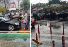 ULTIMA ORĂ: (FOTO) Prăpăd făcut de un șofer băut, în Bacău: a lovit două mașini parcate apoi s-a răsturnat. Ce spun polițiștii