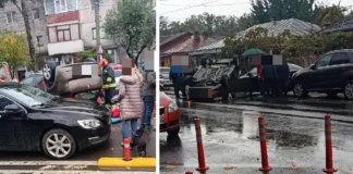 ULTIMA ORĂ: (FOTO) Prăpăd făcut de un șofer băut, în Bacău: a lovit două mașini parcate apoi s-a răsturnat. Ce spun polițiștii