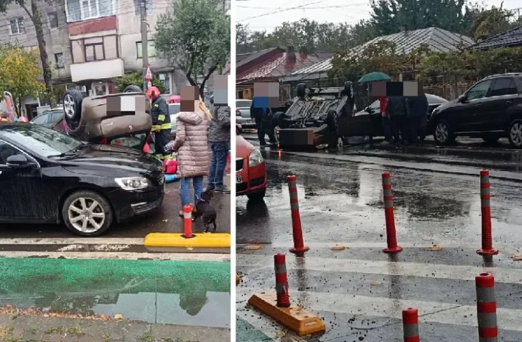 ULTIMA ORĂ: (FOTO) Prăpăd făcut de un șofer băut, în Bacău: a lovit două mașini parcate apoi s-a răsturnat. Ce spun polițiștii