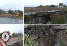 (FOTO) Încă un pod din județul Bacău stă să cadă. Ce spun autoritățile după ce o bucată din structură a luat-o la vale