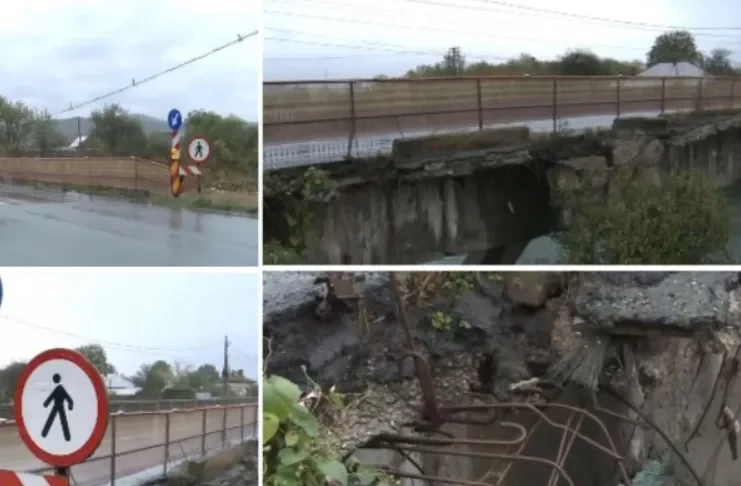 (FOTO) Încă un pod din județul Bacău stă să cadă. Ce spun autoritățile după ce o bucată din structură a luat-o la vale