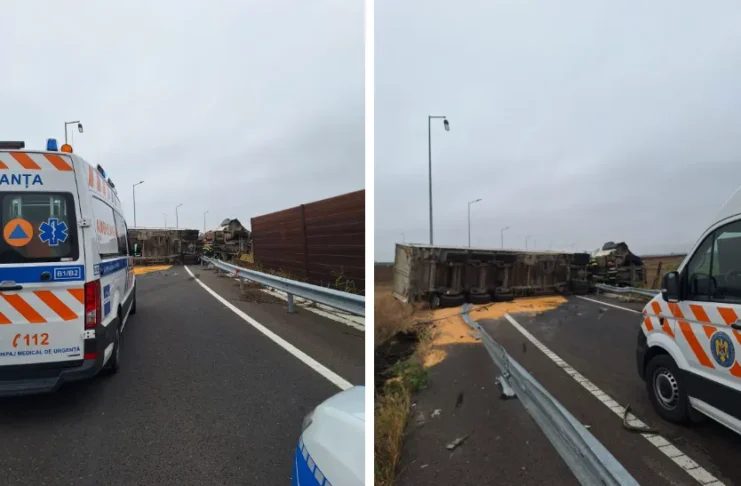 NEWS ALERT: (FOTO) Accident mortal pe Autostrada A7, în Vrancea. Un camion cu cereale s-a răsturnat, iar șoferul a decedat. Traficul este blocat complet