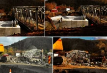 (FOTO) Imagini de pe șantierul de la Ciobănuș: Drumul provizoriu prin albia Trotușului prinde contur. Când se deschide circulația pe DN12A