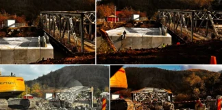 (FOTO) Imagini de pe șantierul de la Ciobănuș: Drumul provizoriu prin albia Trotușului prinde contur. Când se deschide circulația pe DN12A