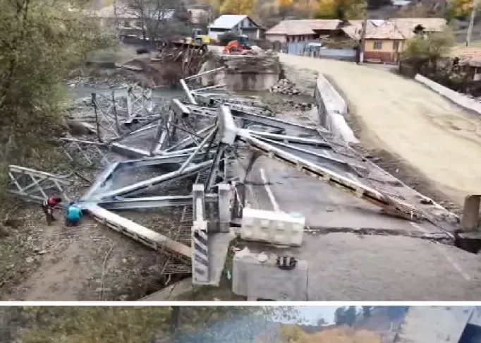 (VIDEO) Au început lucrările de dezafectare a podului de fier de pe DN 12A, la Ciobănuș, prăbușit în septembrie. Cum se va circula în zonă