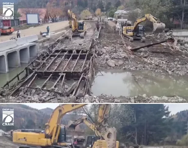 (VIDEO) Continuă lucrările pe DN 12A, la Ciobănuș: Se dezafectează elementele podului prăbușit în râul Trotuș